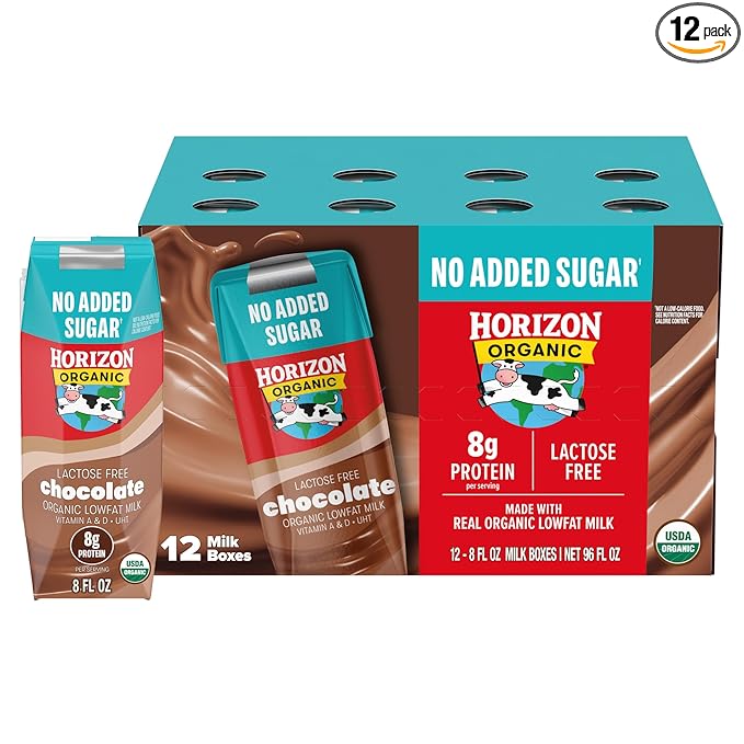 NEW Horizon Organic Shelf Stable No Added Sugar Lactose Free 1% Lowfat Chocolate Milk Boxes, Pack of 12-8g Protein per Serving
