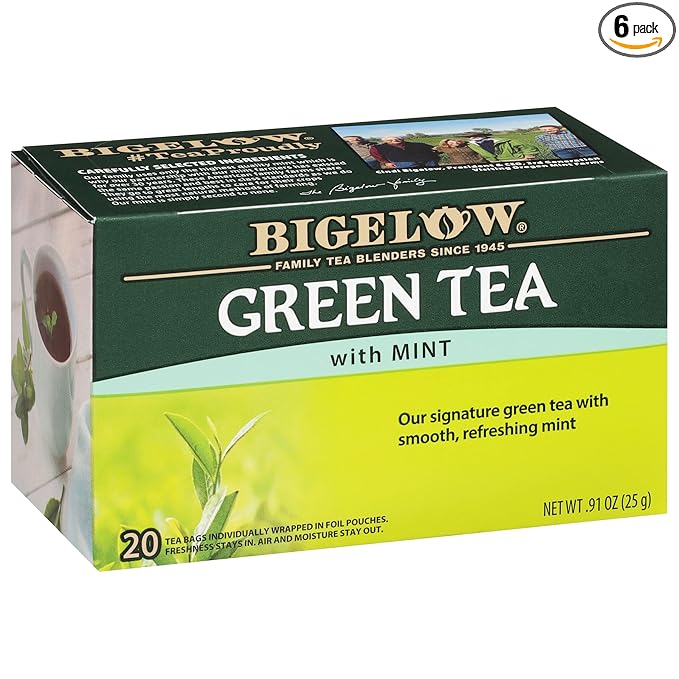Bigelow Tea Green Tea with Mint, Caffeinated Tea with Green Tea and Peppermint, 20 Count (Pack of 6), 120 Total Tea Bags