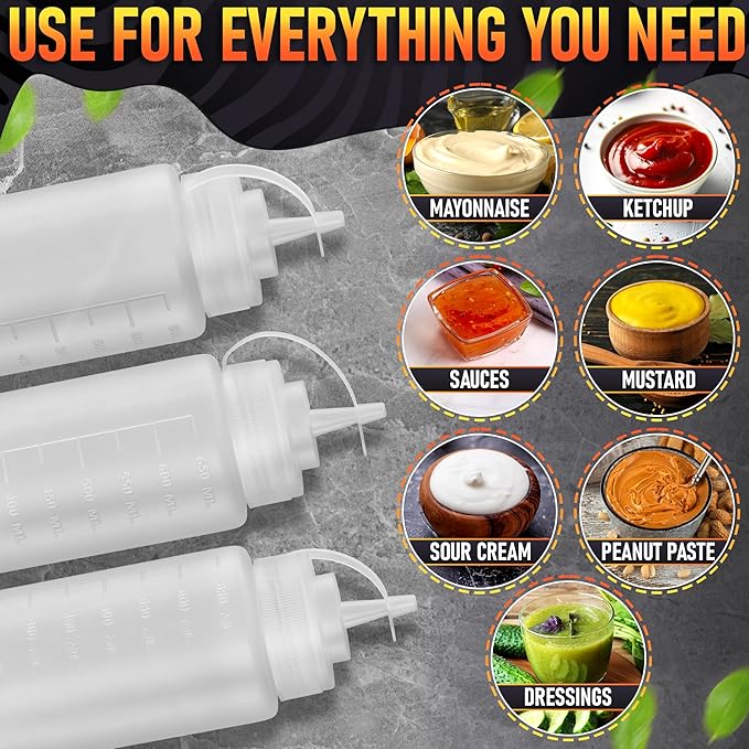 3-Pack Plastic Condiment Squeeze Bottles 24oz – Refillable Squirt Bottles with Narrow Tip, Leak-Resistant | Great for Oil, Sauces, Ketchup, Mayonnaise, Syrup, Dressing, BBQ Stations & Catering Use