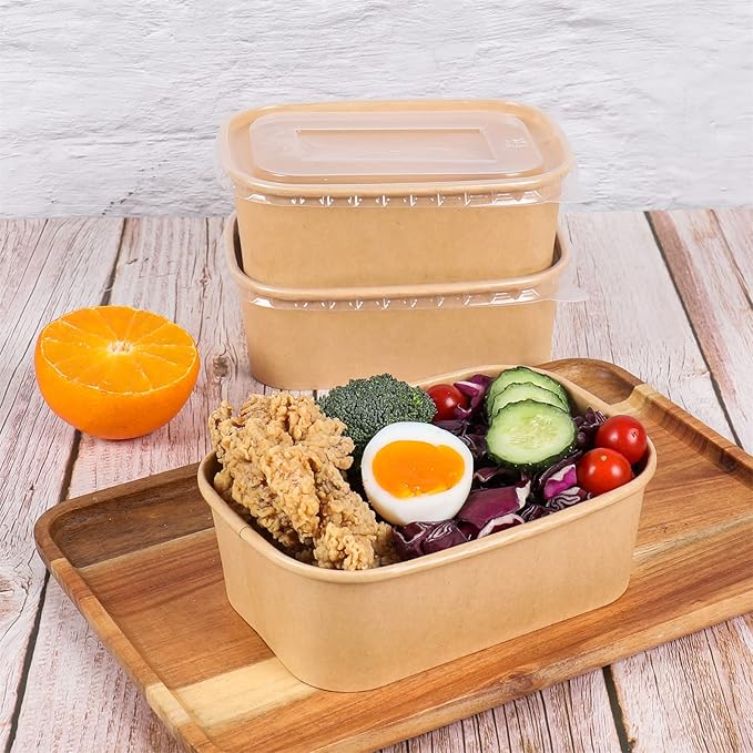 25 oz Disposable Kraft paper bowls with lids, Rectangle Food containers Soup Bowls Party Supplies Treat Bowls 50 Pack