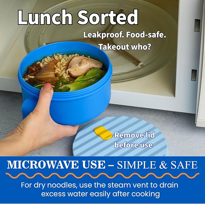 AI LOVE PEACE Ramen Bowl, 40 oz Microwaveable Noodle Cooker for Ramen, Pho, Soup, and Pasta, Dishwasher Safe and Portable, Ideal for Home, Office, Dorm, or Gift (Blue)