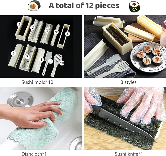 HI NINGER Sushi Making Kit Deluxe Edition Heart Sushi Mold Press with 8 Sushi Rice Roll Mold Shapes 1 Fork 1 Spatula 1 Sushi Knife, Complete Sushi Maker Kit 12PCS DIY Home Sushi Tool
