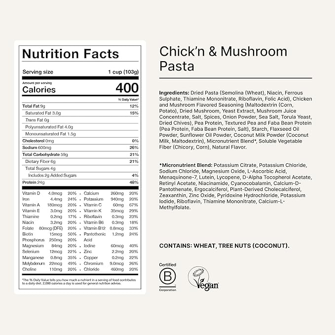 Huel Hot and Savory Cups | Chick'n & Mushroom Pasta | 25g Protein Plant Based Instant Meal | 27 Vitamins and Minerals | 100% Nutritionally Complete | 8 Cups