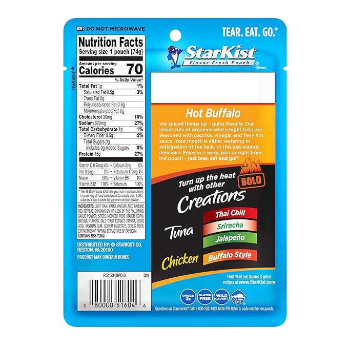 StarKist Tuna Creations BOLD Hot Buffalo Pouch (2.6 oz - 1 Pack) Wild Caught, High Protein Shelf Stable Seafood, Gluten Free, No Draining, Ready to Eat for Salads and Sandwiches