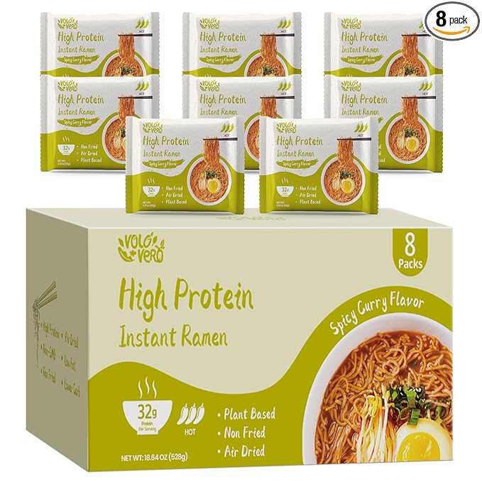 VOLO VERO High Protein (32g) Instant Ramen Noodles “Spicy” Curry Flavor Soup, 8 Pack, Vegan, Plant-Based, Low Fat, Non-Fried, Dairy-Free, Egg-Free, Non-GMO, Tasty Healthy Meal