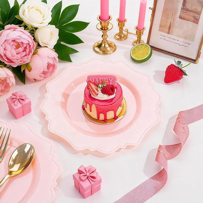 COLOSUS 60pcs Pink Plastic Dessert Plates - 7.5 Inch- Heavy Duty Disposable Plastic Appetizer/Salad/Cake Plates for Party Wedding and Everyday Use,Easter Day