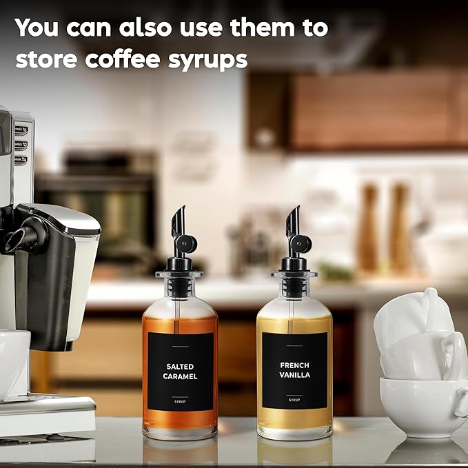 Spaceneat Oil Dispenser for Kitchen - Glass Olive Oil Bottle Set of 4 (11.8oz) with Black Weighted Self-Closing Pourer - Cooking Oil Dispenser with 66 Labels, Aligner & Funnel