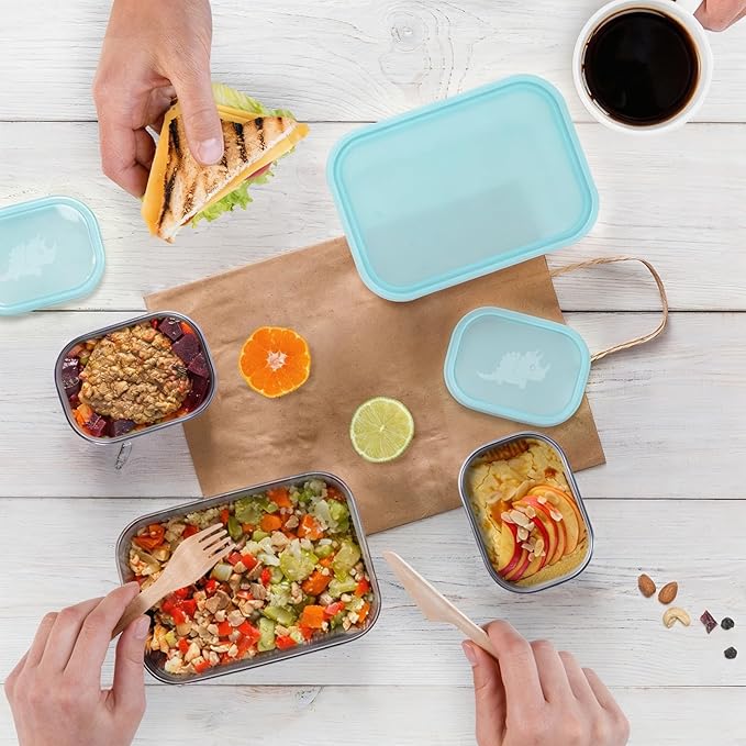 Tanjiae 3 CUP+1 CUP Stainless Steel Lunch Snack Containers Set | Leak Proof 304 Stainless Steel Food Containers with Silicone Lids - Perfect Metal Lunch Box for Home and Travel (25oz+8oz*2)