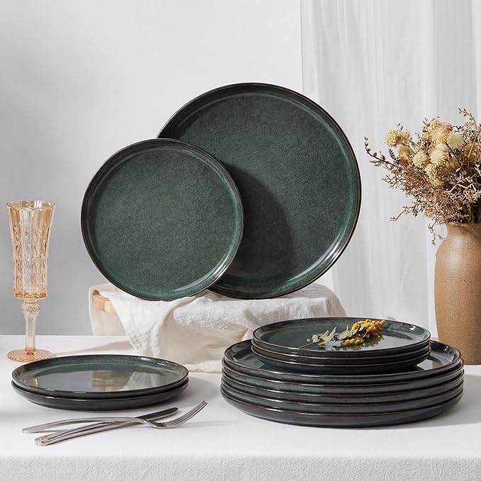 Herogo Ceramic 7.9 Inch Porcelain Dessert Plates Set of 6, Small Stoneware Dinner Plate Set, Double Reactive Glaze Large Dinnerware Plates for Kitchen, Microwave, Oven & Dishwasher Safe, Dark Green
