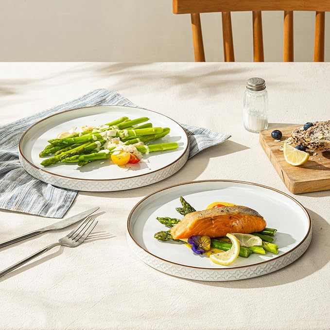 Dafuceramic Dinner Salad Plates Set of 4, 10 Inch Salad Plates with Embossments, Dessert, Salad, Appetizer, Dinner Plate, Microwave, Dishwasher Safe,Scratch Resistant