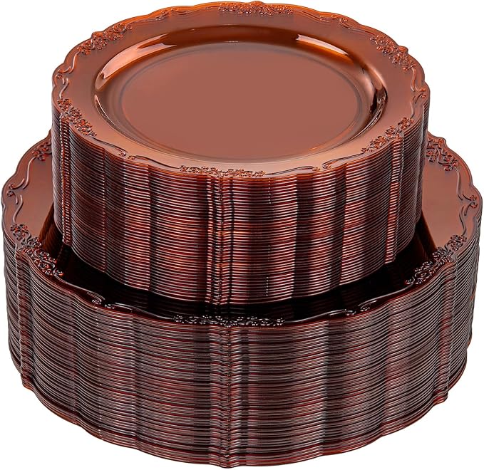 U-QE 100PCS Amber Plastic Plates - Clear Brown Plastic Plates Disposable Heavy Duty - Disposable Plates for Party Including 50PCS 10'' Dinner & 50PCS 7.5'' Dessert Plate