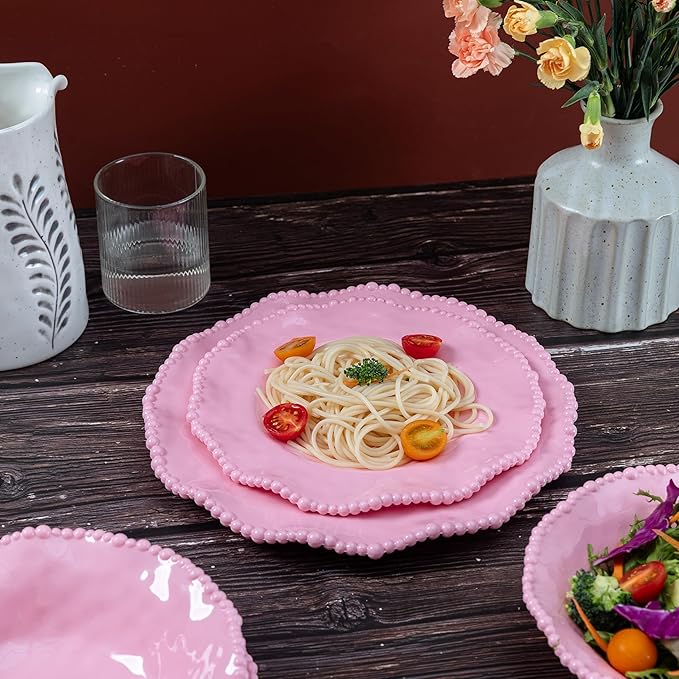 Pink Beaded Dinner Plates sets, 11 inch Unbreakable Melamine Plate Set of 6, Lightweight Dinnerware Plates, 6 Piece big Salad Plates Set, Chip Resistant Camping Dishes