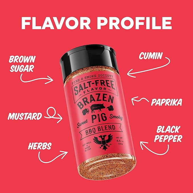 Fire & Smoke Society Salt-Free Brazen Pig BBQ Seasoning | Pork Rub, BBQ Spice Blend | Pork, Chicken, Smoked Butt, Ribs | Brown Sugar, Paprika, Cumin | M 4.6 oz