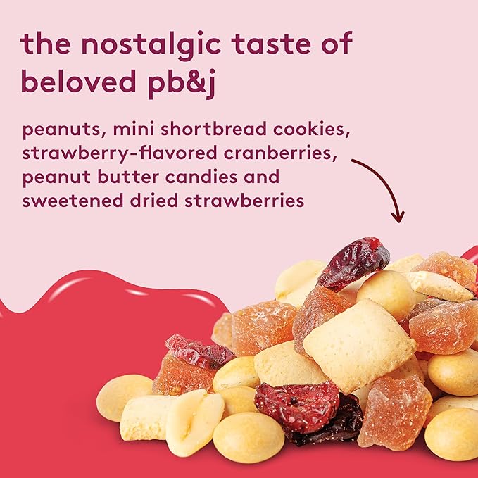 Snak Club PB&J Trail Mix Strawberry, Snack Mix with Peanuts, Mini Shortbread Cookies, Cranberries, Peanut Butter Candies, and Sweetened Dried Strawberries, 8 oz Resealable Bag