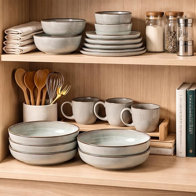 GBHOME 8.75'' Large Ceramic Pasta Bowls, 38oz Stoneware Pasta Serving Bowls Set of 4 for Kitchen, Wide Bowls for Fruit,Pasta,Salad,Oatmeal,Meal, Microwave Safe, Reactive Glaze-Green Wheat