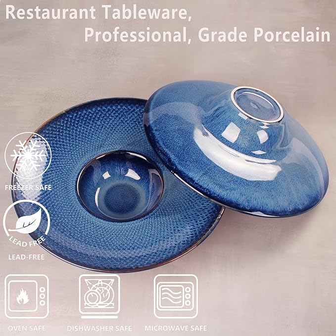 Soup Bowls, Soup Plates, 5.1 oz, Porcelain Pasta Bowl Set of 4, Wide edge Shallow Bowl Plates, Rimmed Bowls with Rim, Best choice for high-end restaurants and foodies,Royal blue 9.8 Inch