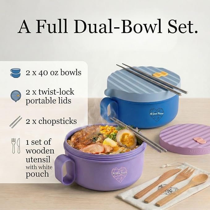 AI LOVE PEACE Ramen Bowls, 40 oz Large Microwavable Noodle Bowls (1 Blue, 1 Purple) with Chopsticks, Sporks, and Utensil Bag, Portable Microwave Bowl for Home, Office, Dorm, or College Gift.