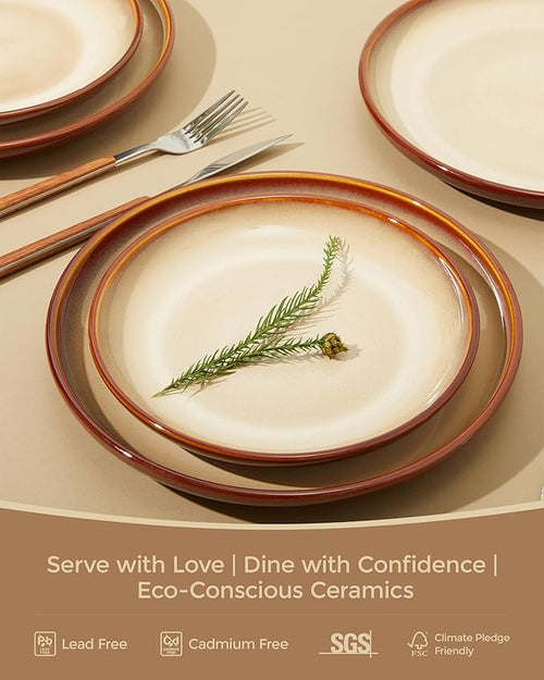 Pokini 24 Piece Dinnerware Sets for 8, Modern Stoneware Plates and Bowls Sets, Perfect for Family Gatherings & Holiday Celebrations, Easy Cleaning Dish Set, Stack Compactly Dinner Set, Brown Yellow