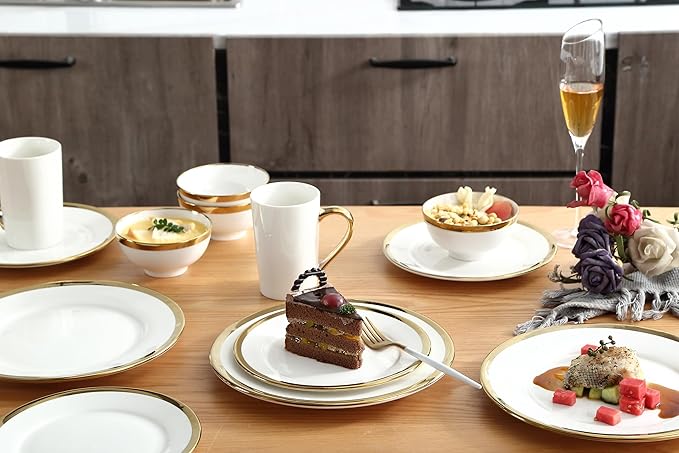 Salad & Dessert Plates, Set of 6, 8 inch, White Porcelain with Gold Trim, Elegant Ceramic Appetizer Plates for Bread, Snack and Finger Food, Round Serving Dishes for Wedding & Dinner Party