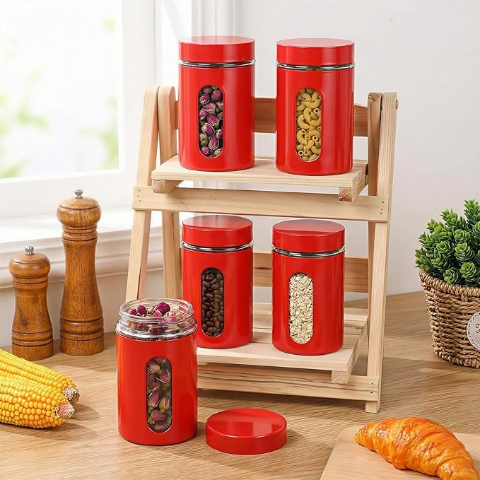 Patelai 6 Pack Kitchen Canisters Set 20 oz Airtight Stainless Steel Canister Food Storage Container with Window Glass, Coffee Sugar Candy Jars Tea Organizer for Flour Cookies Spice (Red,32 oz)