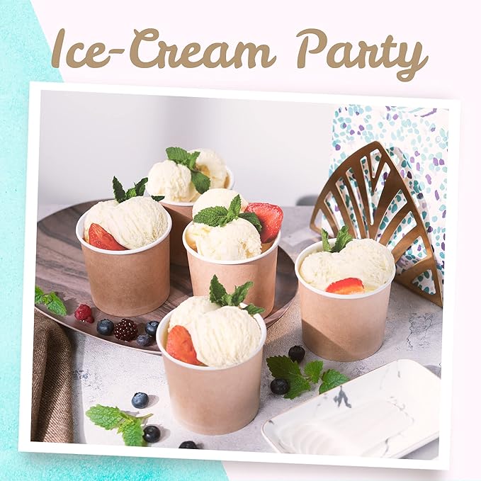 MATICAN Paper Ice Cream Cups - 50-Count 11-Oz Disposable Dessert Bowls for Hot or Cold Food, 11-Ounce Party Supplies Treat Cups for Sundae, Frozen Yogurt, Soup, Brown