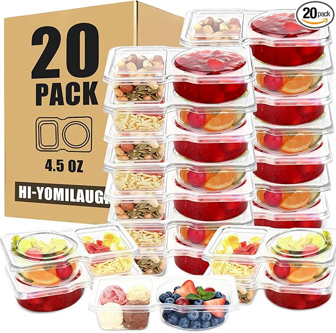 20-Pack 2 Compartment Snack Containers with Secure-Fit Lids, Reusable BPA-Free Snack Prep Boxes, Portion Control Food Storage Containers for Lunch, Meal Prep, Office, Picnic & Travel (20)