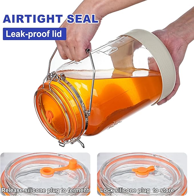 Upgrade 1 Gallon Fermentation Jars with Airlocks - Wide Mouth Glass Jars with Airtight Lid for Sauerkraut Mead Sourdough Starter Pickle, Fermenting Jar with Handle & Non-Slip Silicone Base, 2 Pack