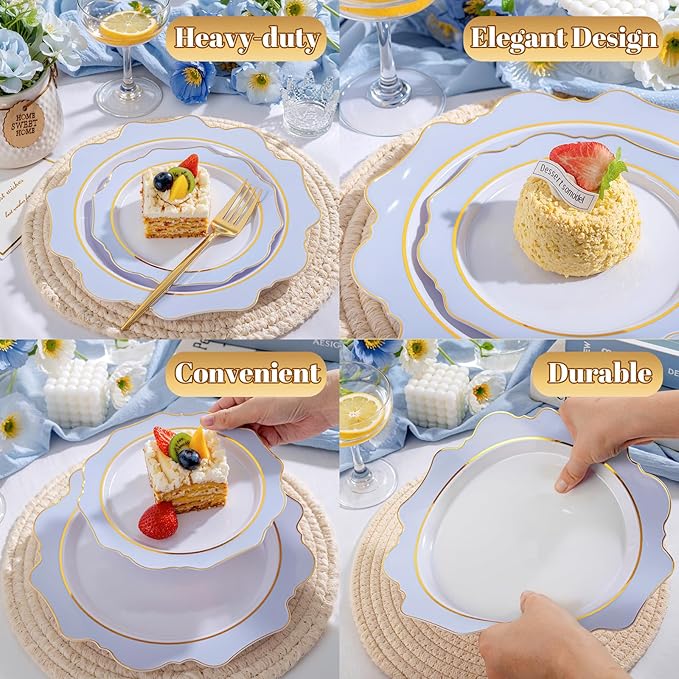 WDF 100PCS Blue Plastic Plates - Light Blue Plates Disposable - Heavy Duty Scalloped Plastic Plate for Parties/Wedding/Baby Shower (Pack of 2)