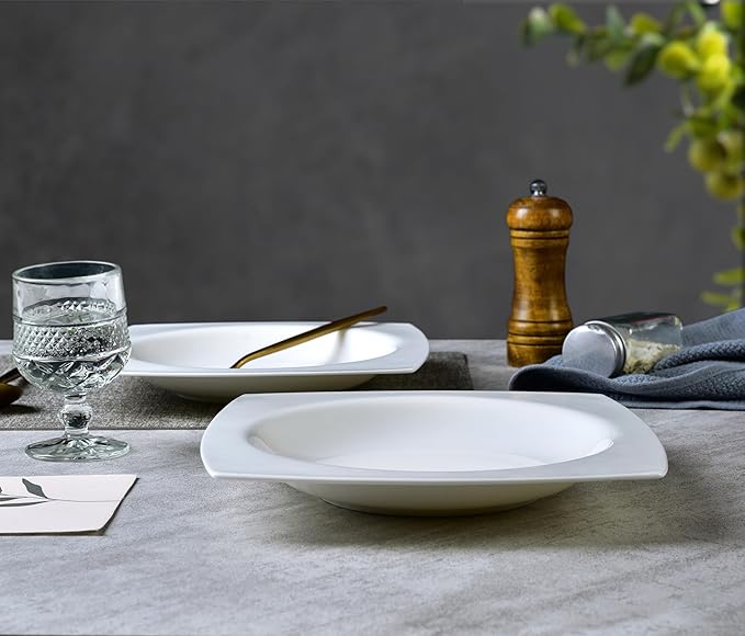 Fine Bone China Square Salad Plates Set of 6-9.25 Inch White Ceramic Stackable Dinner Plates, Oven & Dishwasher Safe for Formal/Casual Dining