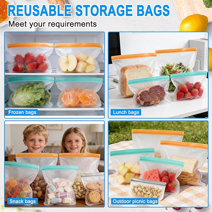 20 Pack Reusable Food Storage Bags Freezer Safe Dishwasher Leakproof for Frozen Meat Fruits & Vegetables Bag Home Organization Travel Toiletries Meal Prep 8 Gallon 8 Sandwich 4 Snack