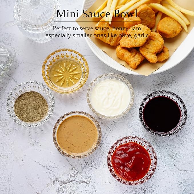 kanpura Mini Glass Bowls, Round Prep Bowl, Dishwasher Safe, Pinch Bowls for Dipping Spices Sauce, Stackable, 2 oz, Set of 6, (Clear)