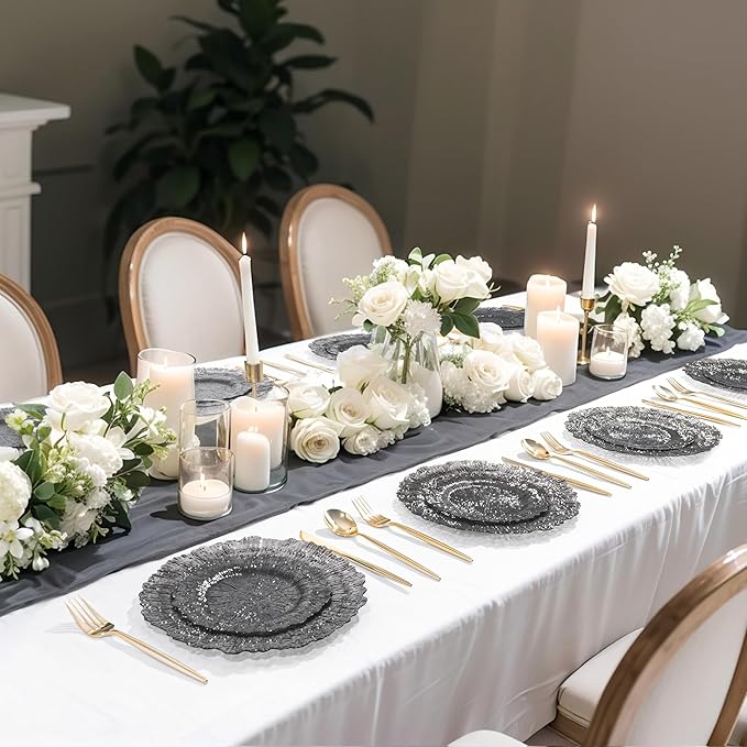 U-QE 60PCS Clear Black Plastic Plates, Heavy Duty Black Disposable Plates Including 30PCS 10'' Dinner & 30PCS 7'' Dessert Plates -Hard Plastic Platos for Party & Wedding & Birthday