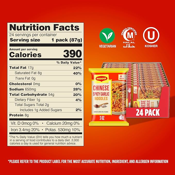 Maggi Chinese Spicy Garlic Noodles, Instant Ramen Noodles, 3 min, Vegetarian, Halal, Kosher, 24-Pack