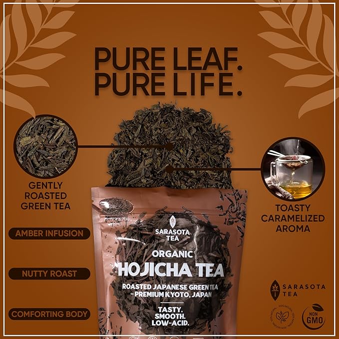 Organic Hojicha Green Tea Loose Leaf | Japanese Roasted Green Tea | Naturally Low Caffeine | Smooth Toasted Nutty Flavor | 4.4 oz Bulk Bag | Antioxidant Rich | Hot or Iced | Non-GMO