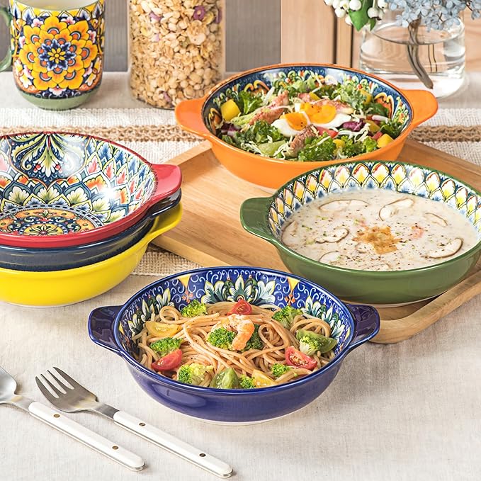 Henten Home Ceramic Cereal Bowls Set，25 oz Soup Bowls Set of 6, Colorful Serving Bowl with Handle for Kitchen, Microwave & Dishwasher Safe for Soup, Fruit, Pasta, Bohemian Style