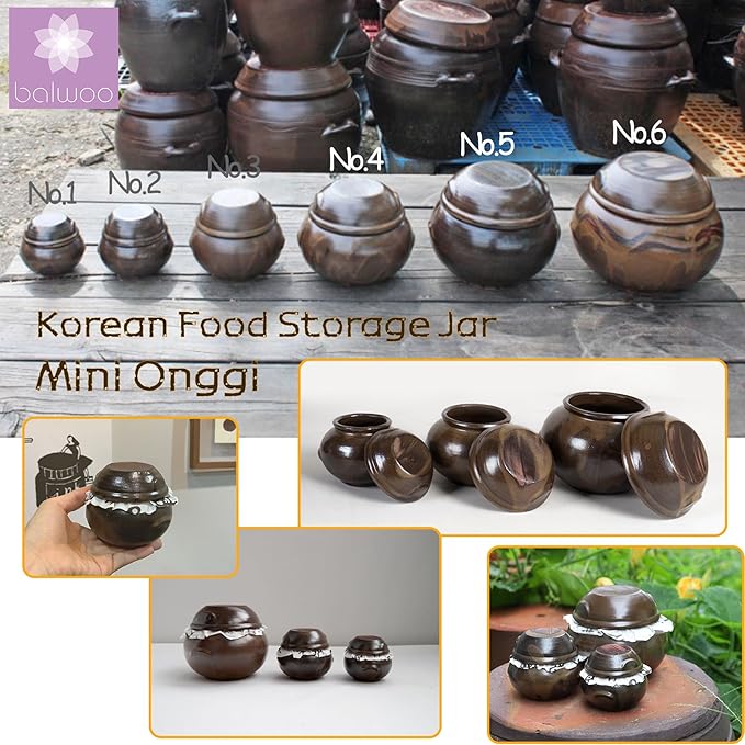 Earthenware Onggi Korean Traditional Clay Jar Ceramic Canister/Handmade Food Sauce Storage Container for Tea, Coffee Bean, Salt/Breathing Clay Pot Kimchi Fermentation Crock (No.5(H15cm))