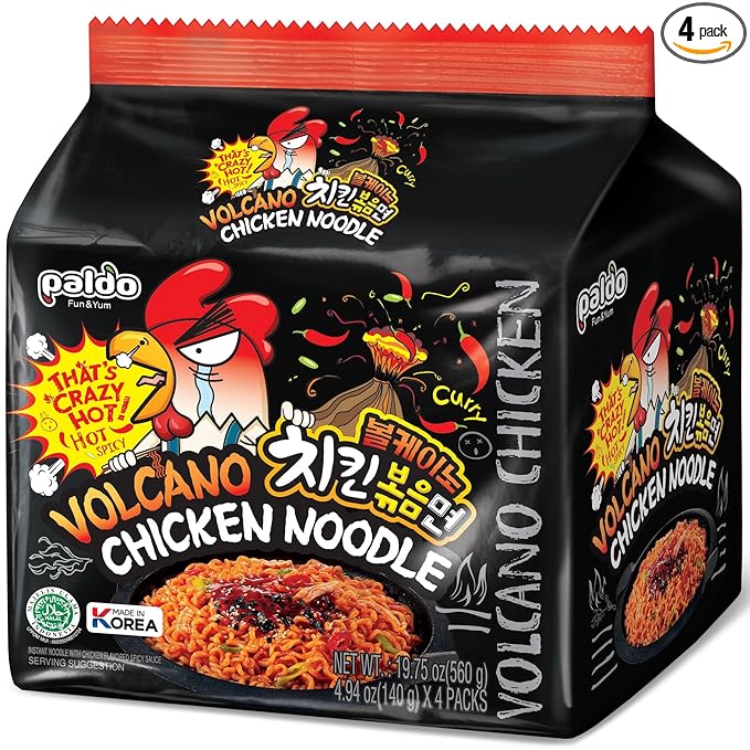 Paldo Fun & Yum Volcano Extremely Hot & Spicy Stir Fried Chicken Instant Noodles, Pack of 4, Soupless Original Korean Ramyun, Spicy Ramen Challenge, Chicken Bokkeummyun, 140g (4.93 oz) x 4