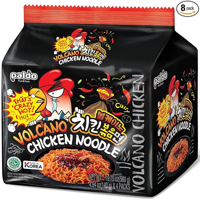 Paldo Fun & Yum Volcano Extremely Hot & Spicy Stir Fried Chicken Instant Noodles, Pack of 8, Soupless Original Korean Ramyun, Spicy Ramen Challenge, Chicken Bokkeummyun, 볼케이노 치킨볶음면 140g (4.93 oz) x 8