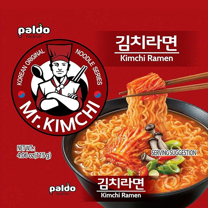 Paldo Fun & Yum Kimchi Ramen Instant Noodles with Soup, Kimchi Based Spicy Broth, Best Oriental Style, Original Korean Ramyun, Spicy Ramen Challenge, K-Food, 김치라면 115g x 8 Pack