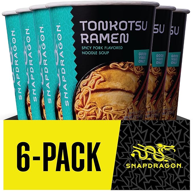 Snapdragon Tonkotsu Ramen Cup Noodles - 6 Pack Instant Ramen Bowl with Authentic Wheat Noodles, Soup Sauce Base, Flavor and Vege Packs. Microwave or Hot Water, Easy Meal Prep