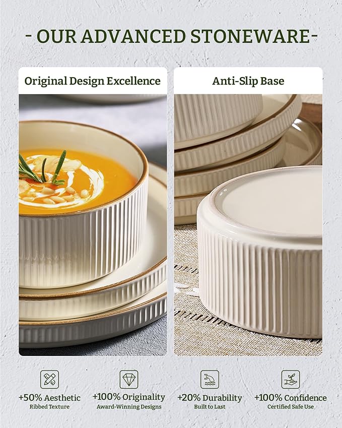 Famiware Star 24-Piece Stoneware Dinnerware Sets with Trim, Service for 6 - Ceramic Mugs, Plates, Bowls, Dishes for Everyday/Party/Formal Use, Chip/Scratch Resistant, Microwave/Dishwasher Safe, Cream
