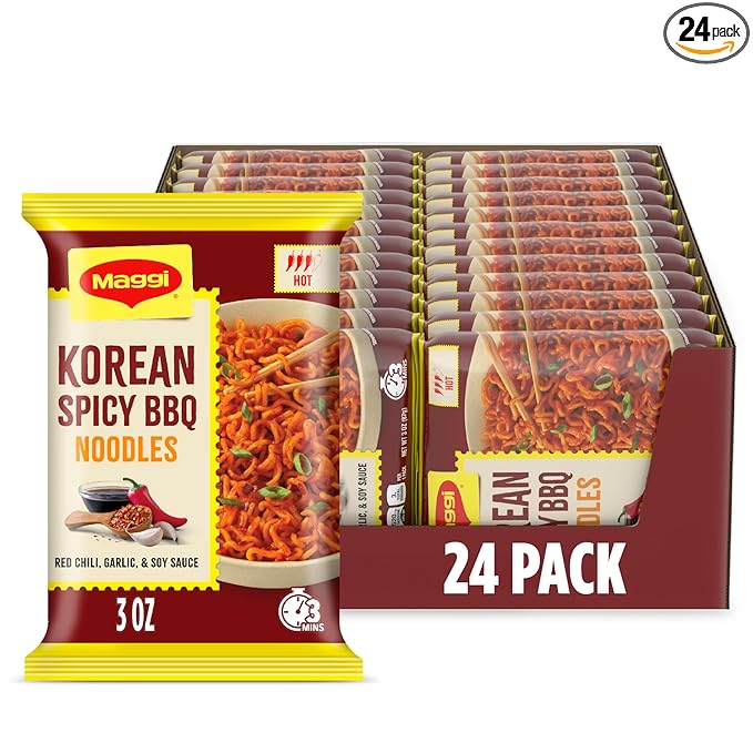 Maggi Korean Spicy BBQ Noodles, Korean Instant Noodles, 3 min, Spicy Ramen, Vegetarian, Halal, Kosher, 24-Pack