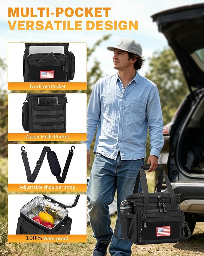 Gafetrey Tactical Lunch Box for Men, Insulated Lunch Bag Adult, Thermal Lunchbox Leakproof Waterproof Cooler Bag, Large Lunch Pail for Work Office Camping Travel (Black)