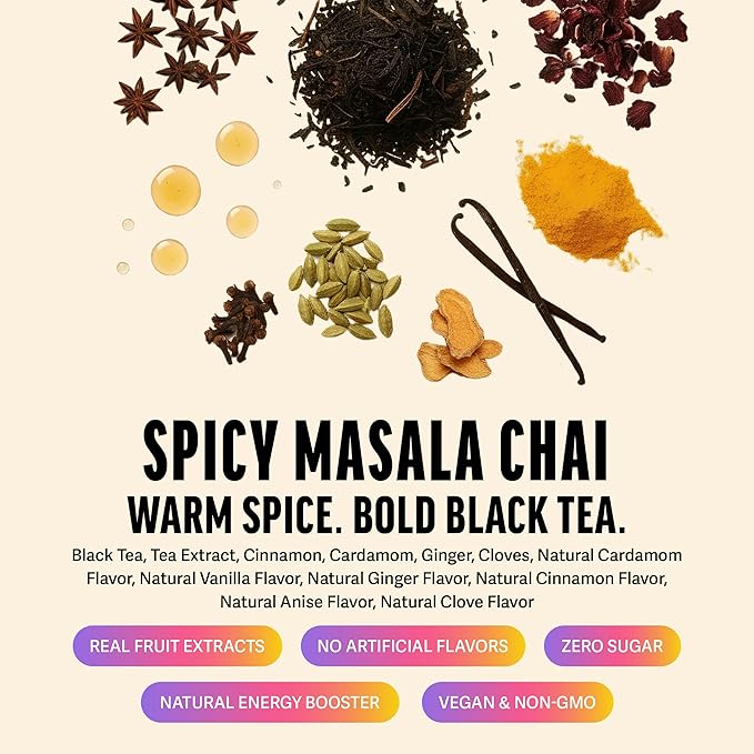 Zest Energy Black Tea - Spicy Masala Chai Loose Leaf Blend - High Caffeine Cardamom Ginger Tea with Cinnamon - Caffeinated Coffee Altnernative - Natural, Non-GMO & Keto - 50 Servings - 150mg Caf