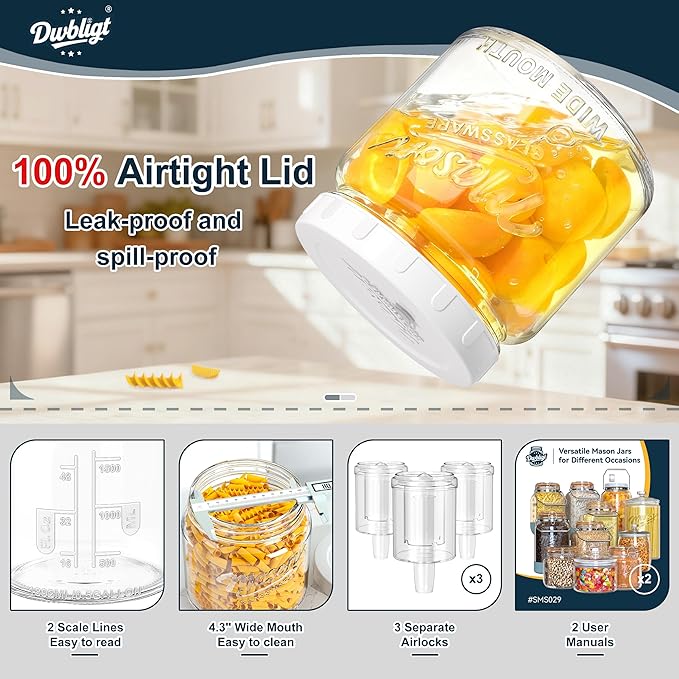 2 Pack Fermentation Jars with 3 Airlocks, Half Gallon Glass Jars with Airtight Lid, 64 oz Wide Mouth Mason Jar with Scale Line for Pickling, Mead Making, Kimchi, Sourdough and Food Containers