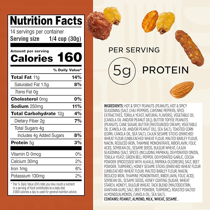 Snak Club Cajun Style Snack Mix with Hot and Spicy Peanuts, Butter Toffee Peanuts, Toasted Corn, Cajun and Honey Sesame Sticks, and Almonds, Kosher Trail Mix Snacks, 15 oz Resealable Bag