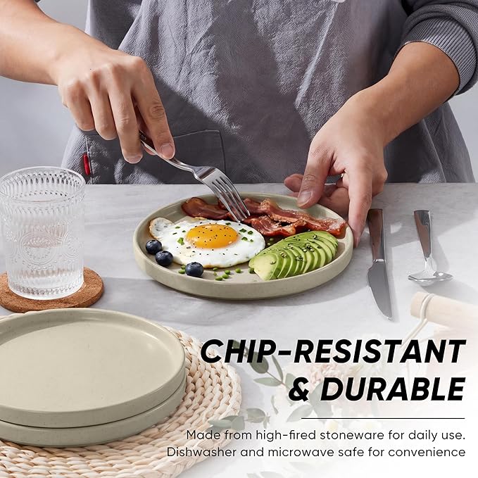 E-far 7.9 Inch Ceramic Dinner Plates, 6-Piece Stoneware Salad Plates with Raised Edges, Chip & Scratch Resistant | Microwave & Dishwasher Safe Dessert Dishes for Appetizer Salad, Speckled Khaki