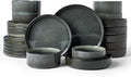 Famiware Star 24-Piece Stoneware Dinnerware Sets, Service for 6 - Shallow Pasta Bowls & Flat Plates, Modern Rustic Reactive Glaze Dishes, Chip/Scratch Resistant, Microwave/Dishwasher Safe, Deep Forest