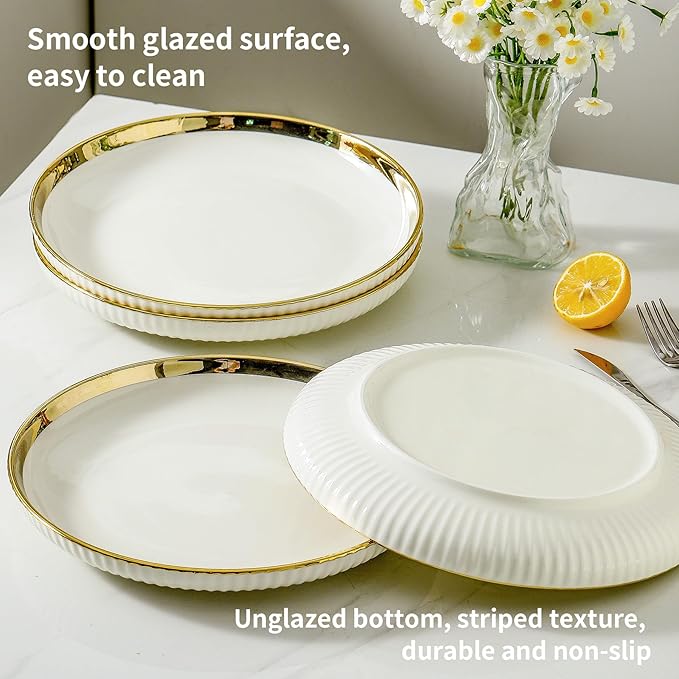 LETAOTAO Salad Plates Set of 4, 8in Ceramic Dinner Plates for Appetizer, Dessert, Porcelain Serving Plate with Gold Rim, Kitchen Porcelain Dish for Pasta, Pancakes, Steak