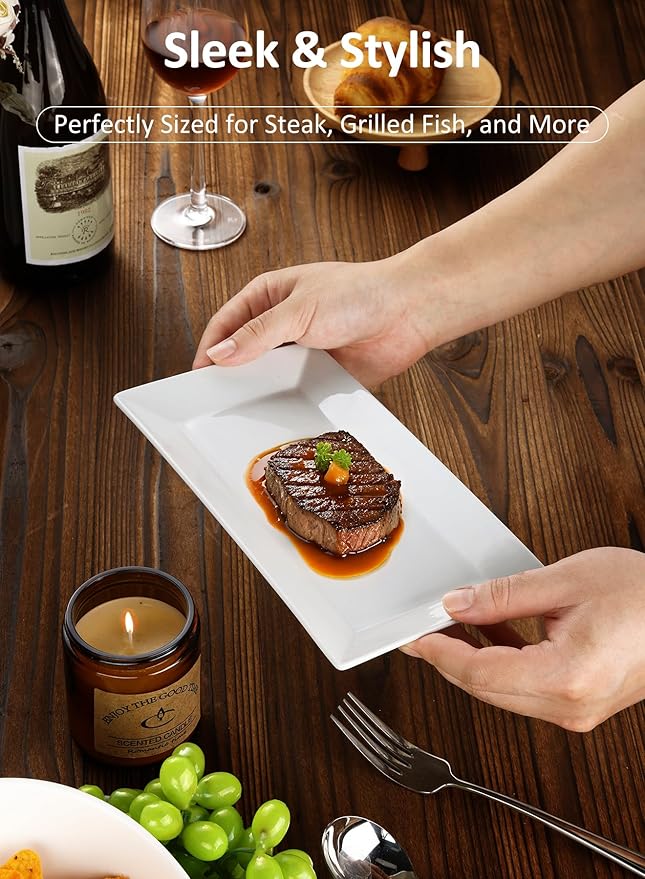 Porcelain Rectangular Dinner Platters, 9.75 Inch Rectangle Serving Plates for Sushi, Snacks, Cake, Meat & Appetizers, Set of 4, Elegant White Design